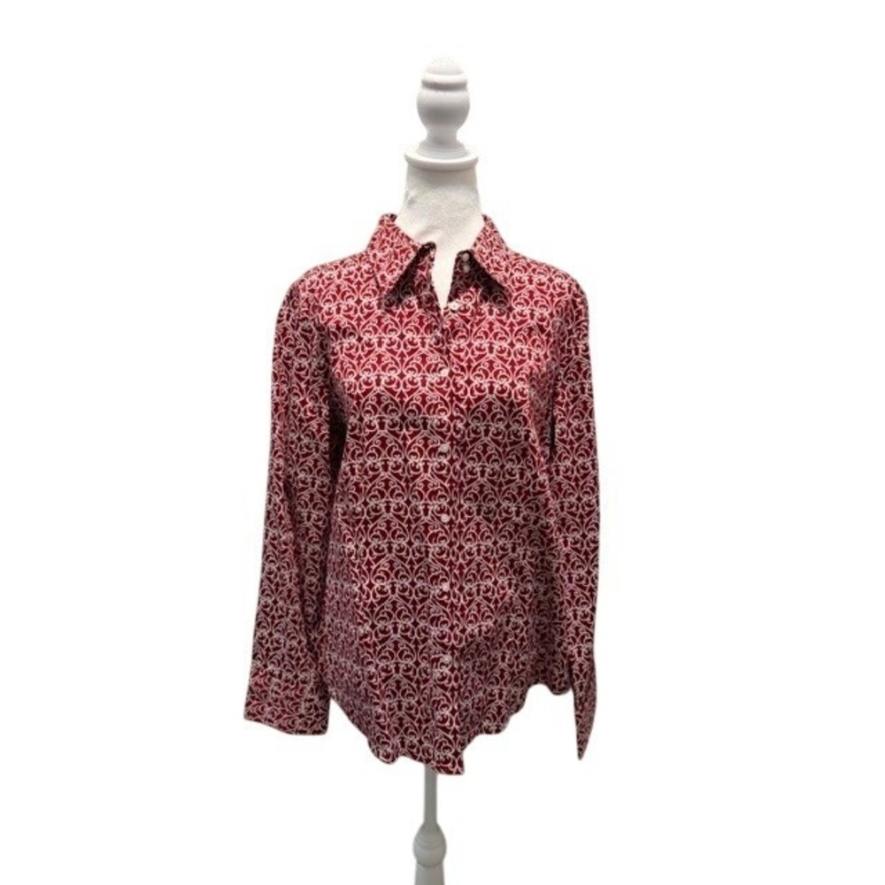 Talbots Women's Red Scroll Print Button Down Shirt LS Cotton Blend Sz 16 New
